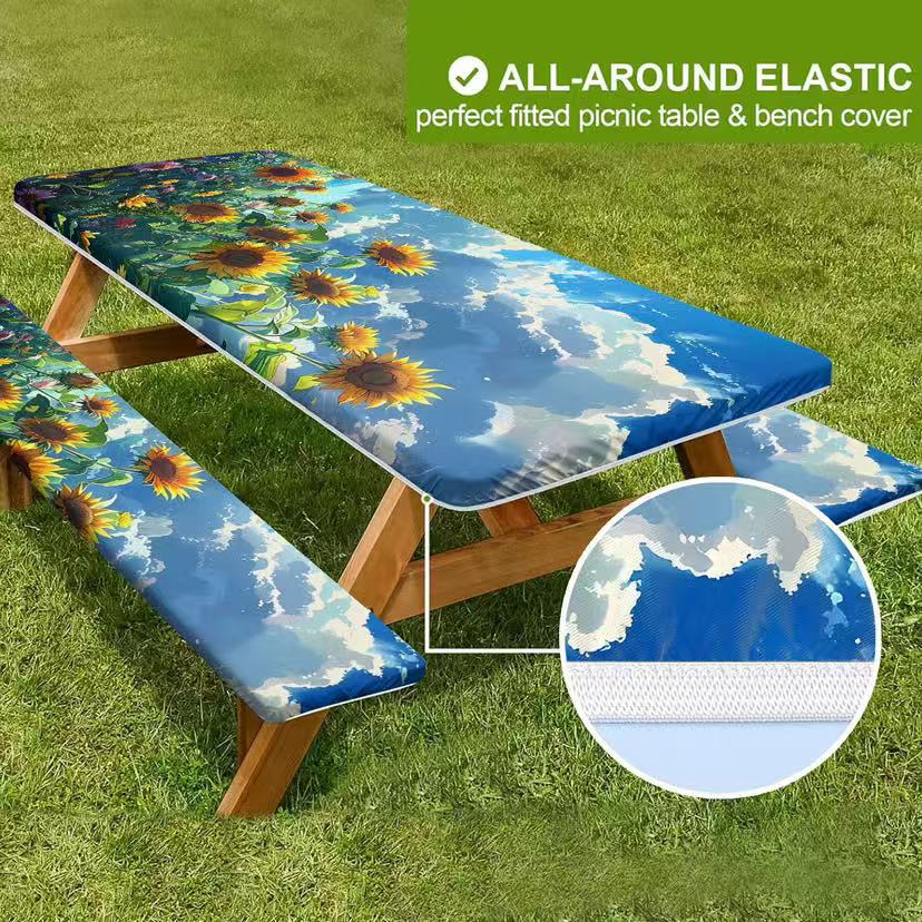 🏕️ Stretch Tablecloth Set with Bench Covers & Bag – Waterproof Polyester, Fitted Elastic, Machine Washable for Outdoor Patio – Available in 30"x48", 30"x72", 30"x96" 🧺✨