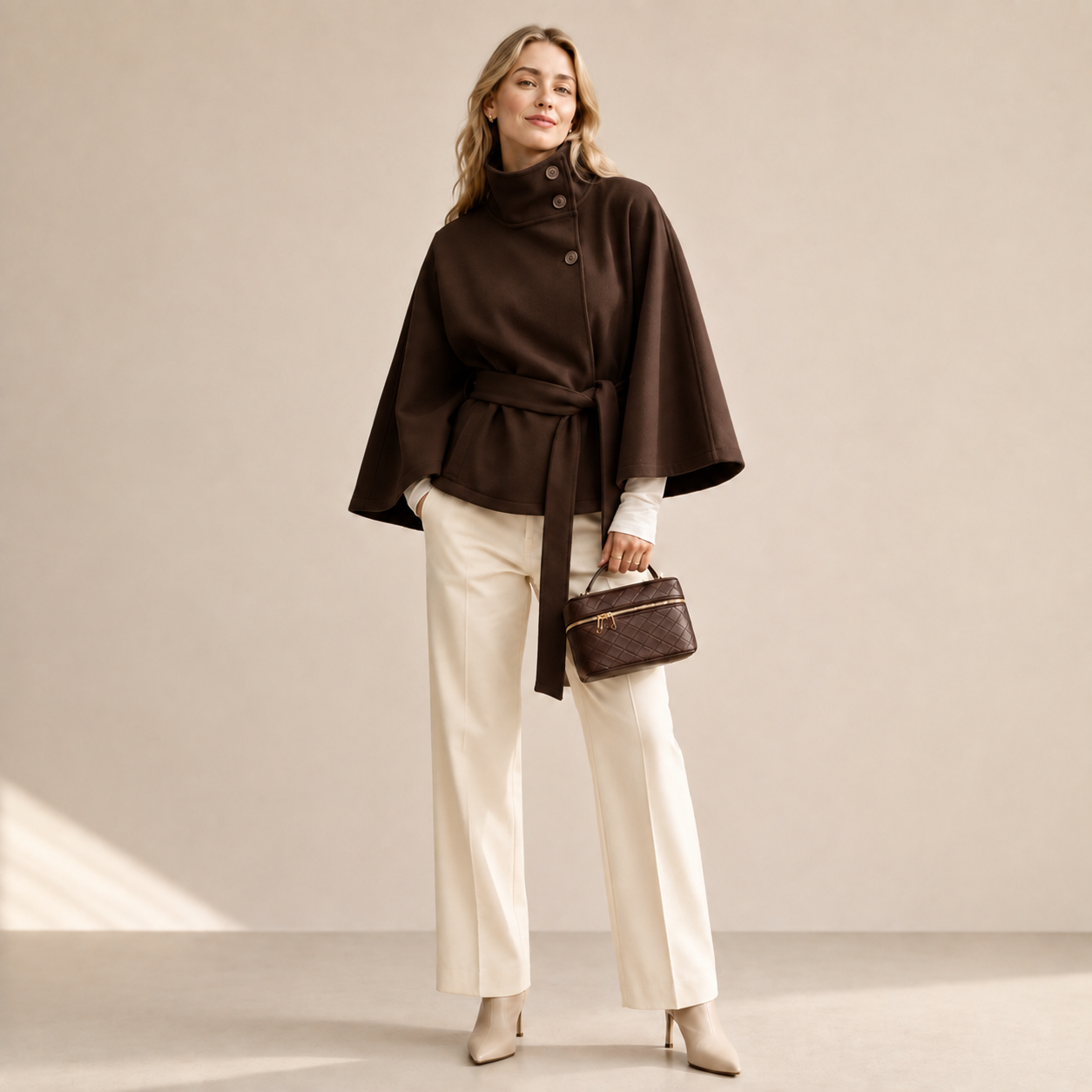 Women's Belted Cape Coat – Oversized Cropped Poncho Jacket
