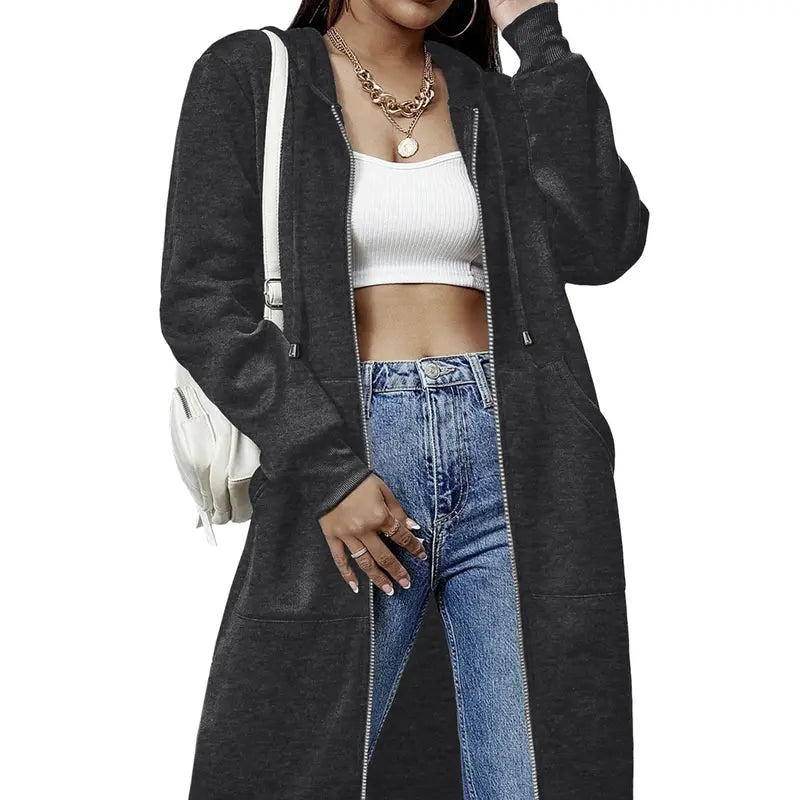 Women's Mid-Length Hooded Cardigan – Casual Open-Front Coat