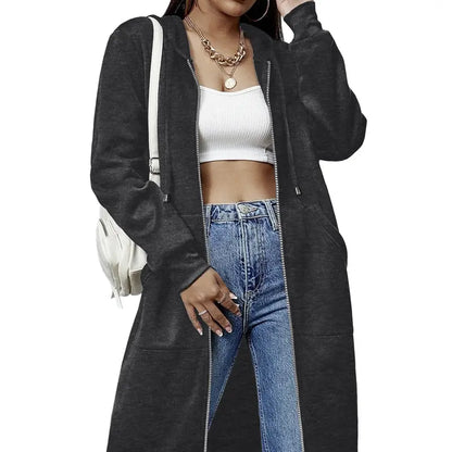 Women's Mid-Length Hooded Cardigan – Casual Open-Front Coat