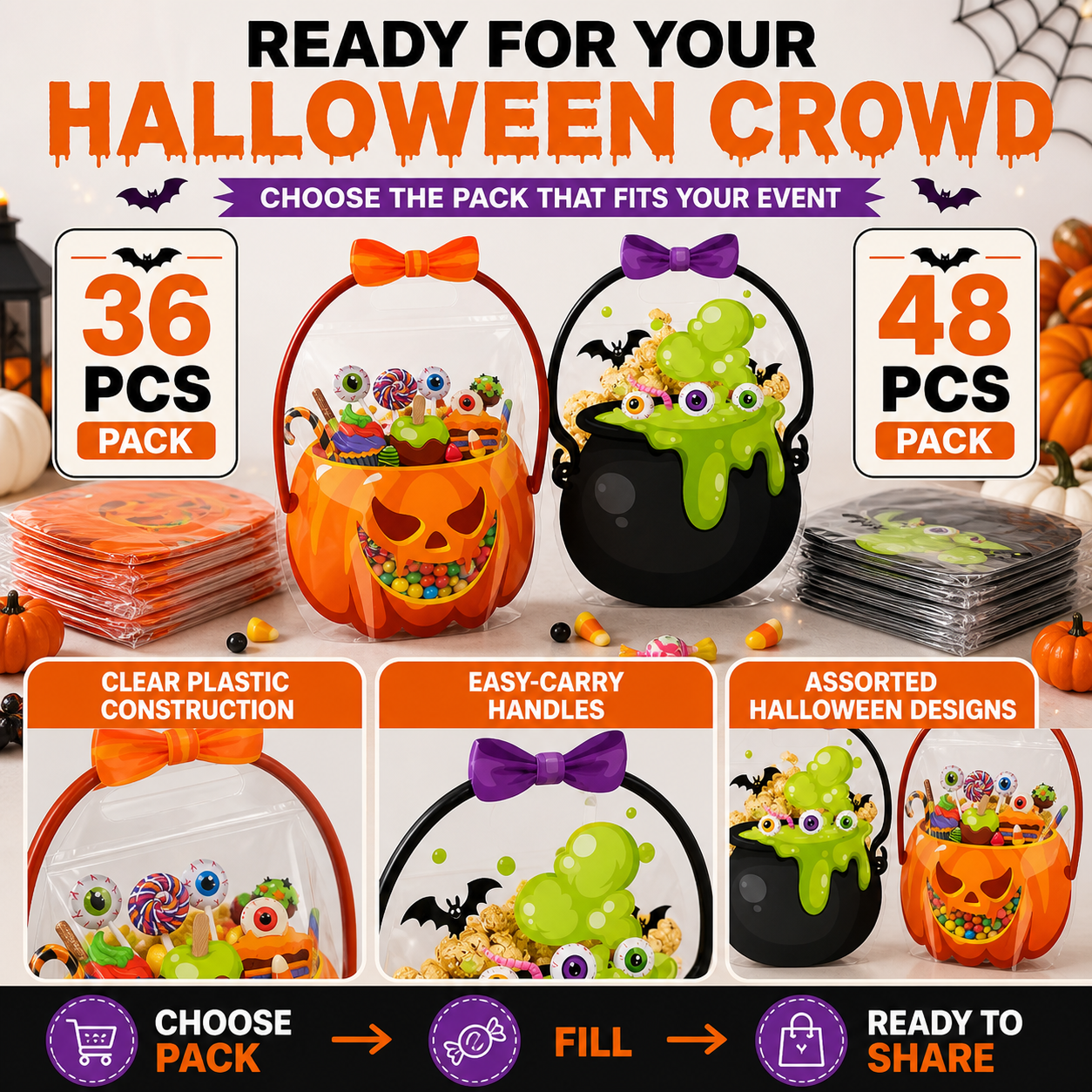 Halloween Plastic Goodie Bags for Candy, Treats & Party Favors