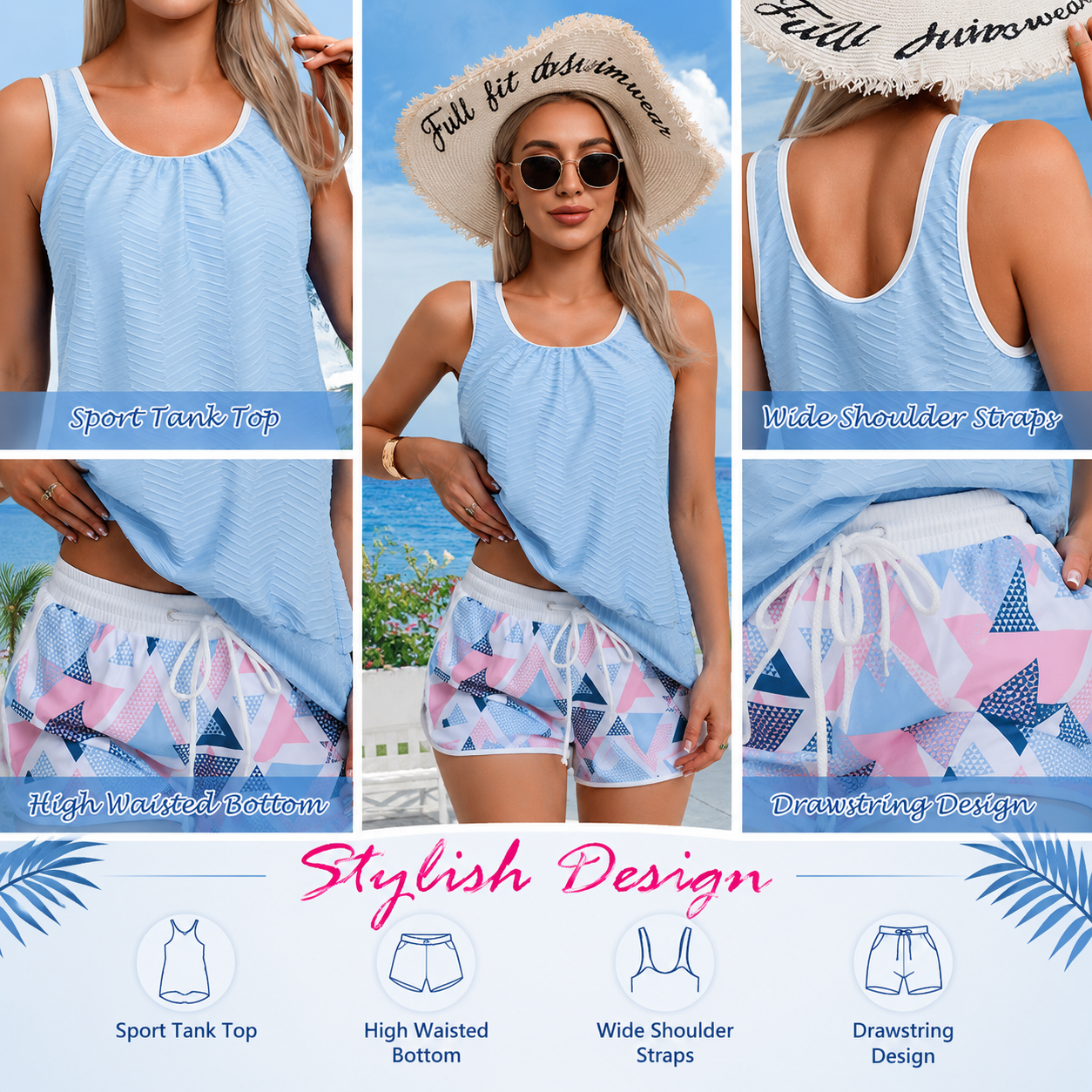 Tankini Swimsuit for Women Modest Two Piece Bathing Suit Scoop Neck Swim Suits with Boy Shorts