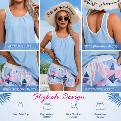 Tankini Swimsuit for Women Modest Two Piece Bathing Suit Scoop Neck Swim Suits with Boy Shorts