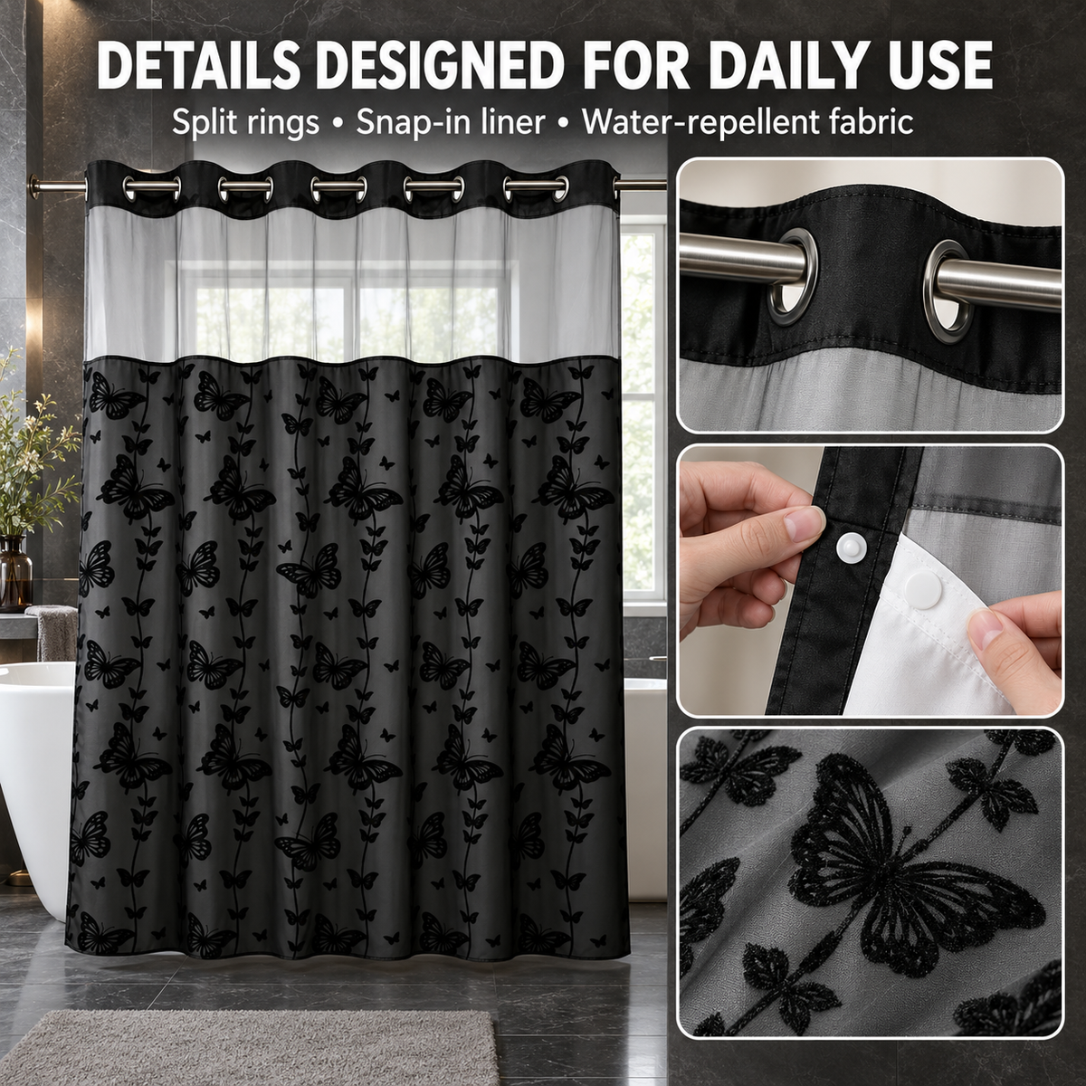 Hookless Double-Layer Shower Curtain with Snap-in Fabric Liner