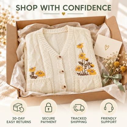 Women's Floral Embroidered Cable Knit Cardigan – Cozy Relaxed Button-Front Sweater with Pockets
