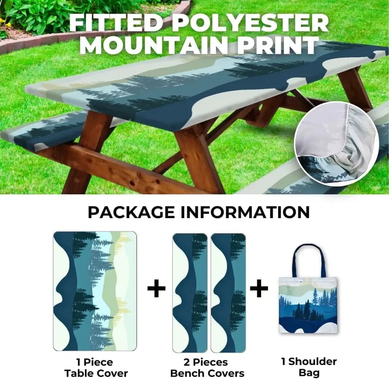 🏕️ Stretch Tablecloth Set with Bench Covers & Bag – Waterproof Polyester, Fitted Elastic, Machine Washable for Outdoor Patio – Available in 30"x48", 30"x72", 30"x96" 🧺✨
