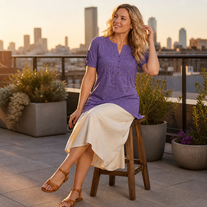 Imily Bela Women's V-Neck Button Lantern Sleeve T-Shirt