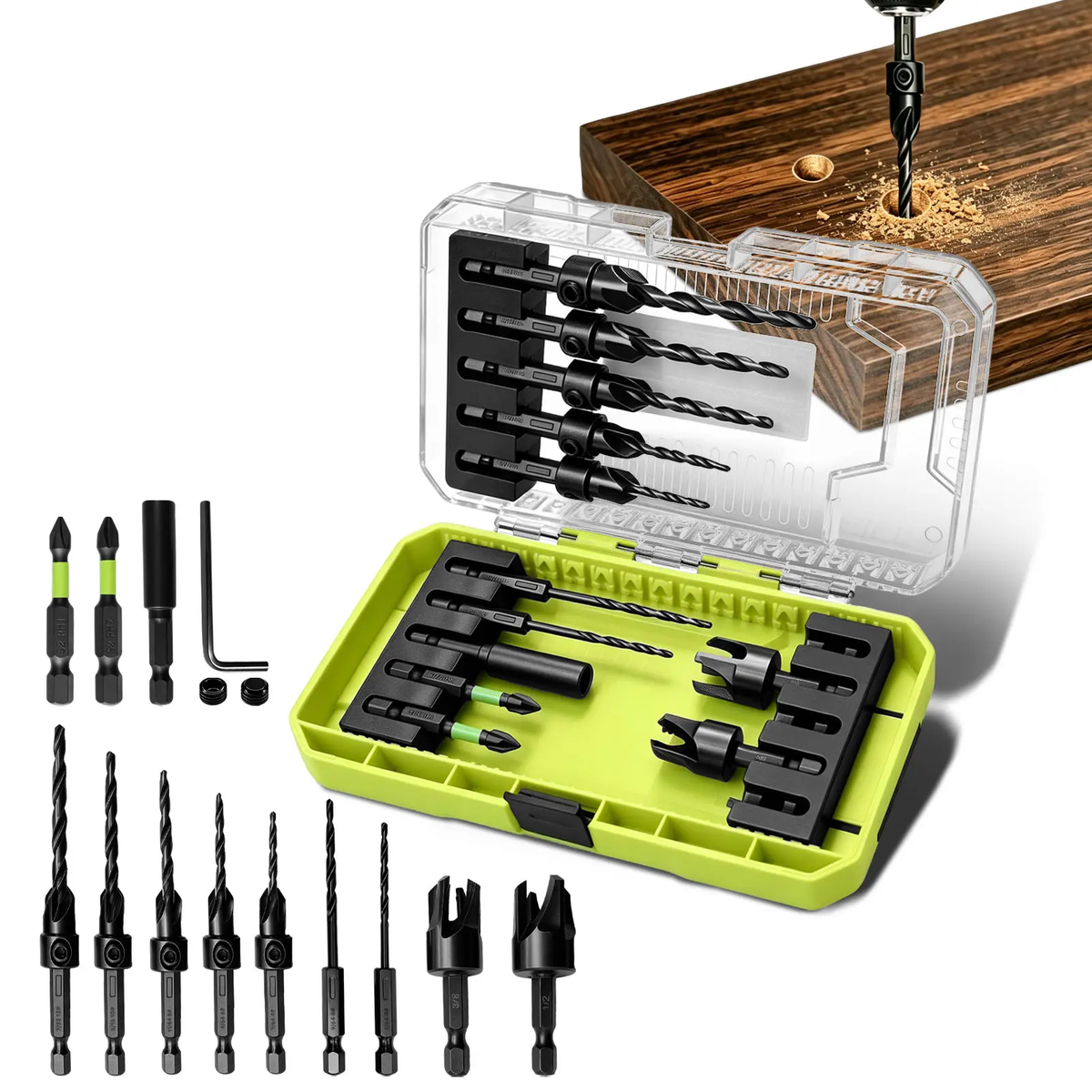 15 PCS Adjustable Countersink Drill Bit Set, Storage Case for Woodworking Toolupgrade