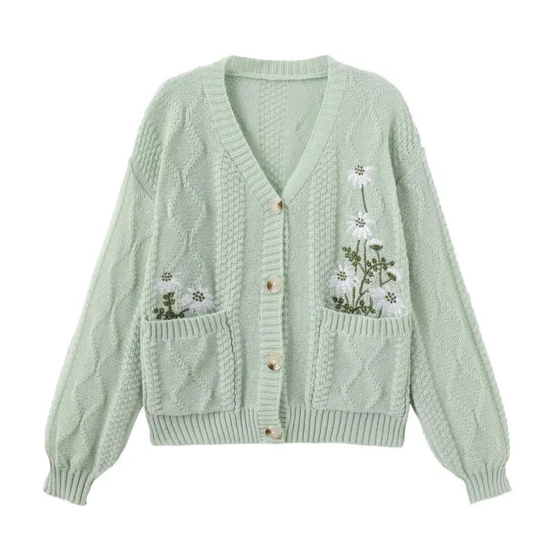 Women's Floral Embroidered Cable Knit Cardigan – Cozy Relaxed Button-Front Sweater with Pockets