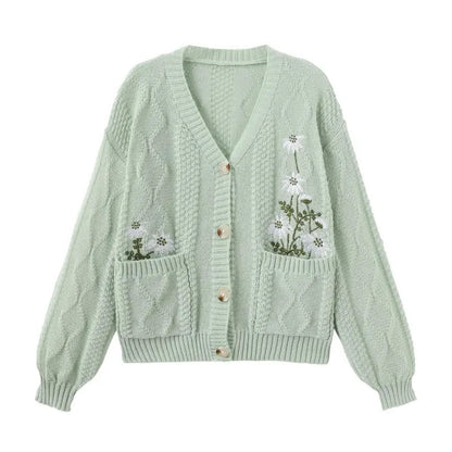 Women's Floral Embroidered Cable Knit Cardigan – Cozy Relaxed Button-Front Sweater with Pockets
