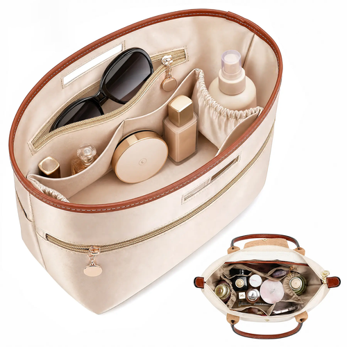 Lightweight waterproof tote bag insert with zippered pocket and cup holder