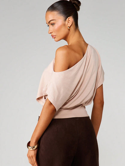 Women Off Shoulder Crop Top, Soft Stretchy Slim Fit Short Sleeve Shirt