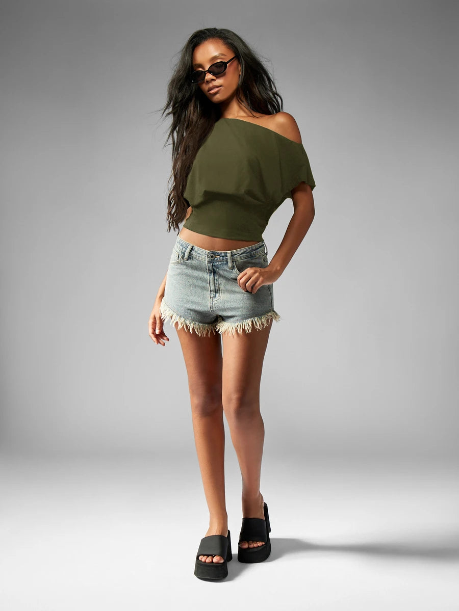 Women Off Shoulder Crop Top, Soft Stretchy Slim Fit Short Sleeve Shirt