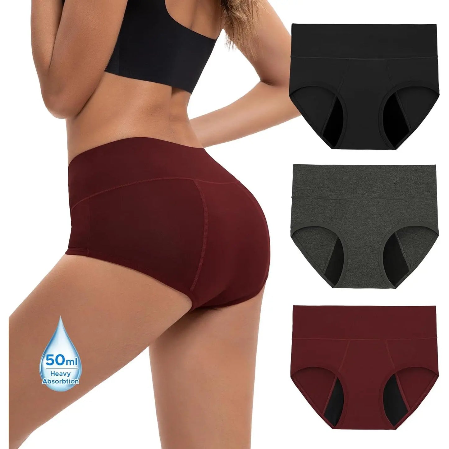 Women's High Waisted Bamboo Viscose Heavy Flow Period Panties 3-Pack