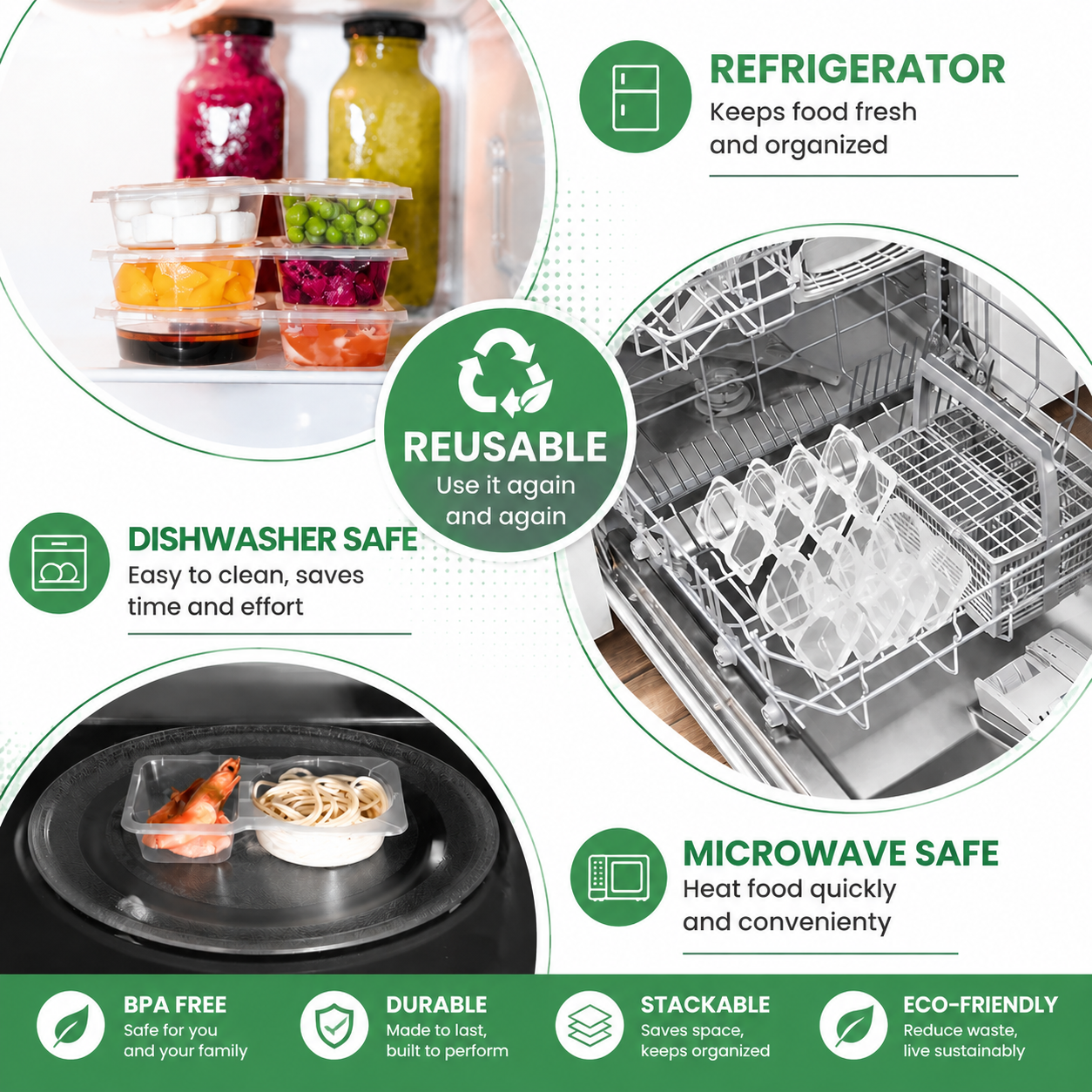 2-Compartment Reusable Snack Containers with Lids – Stackable Meal Prep Set