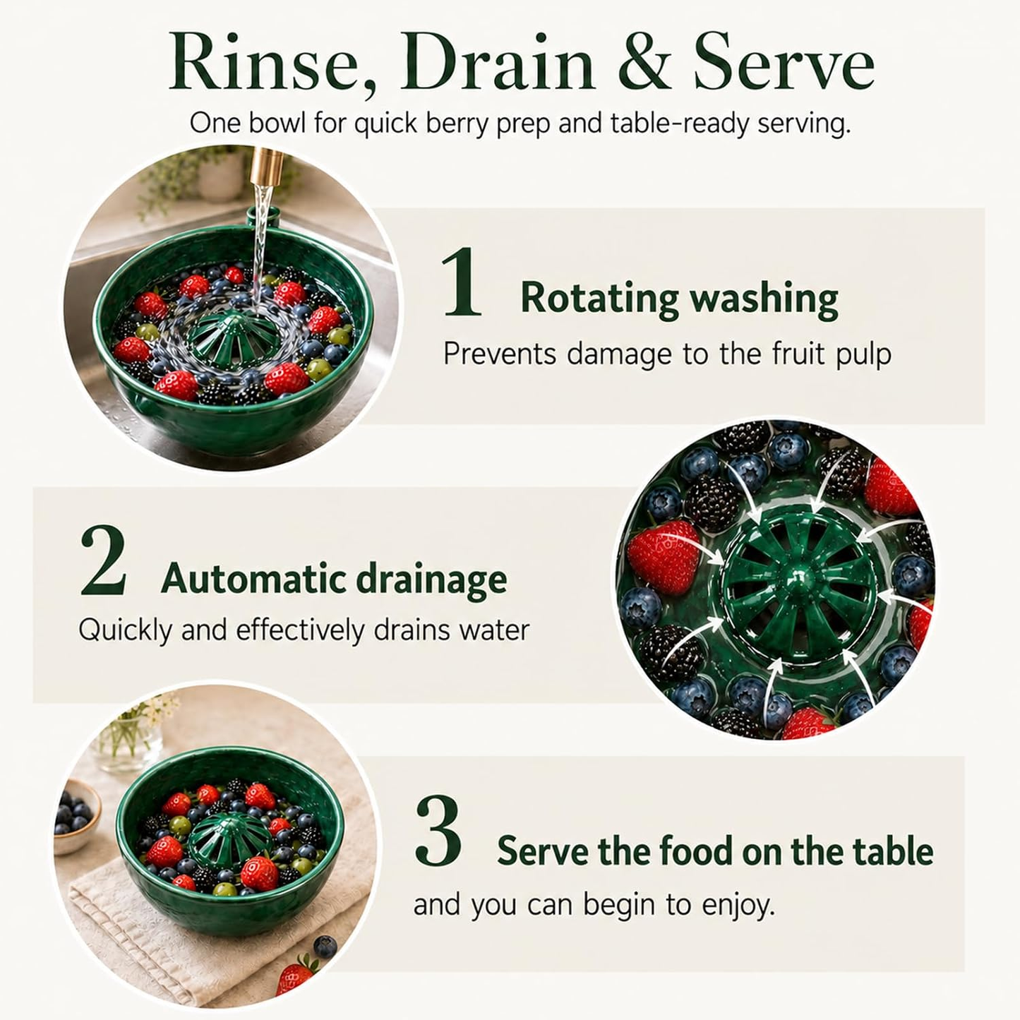 Rotating vegetable and fruit rinsing bowl with a central conical hole