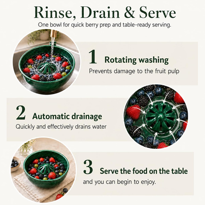 Rotating vegetable and fruit rinsing bowl with a central conical hole