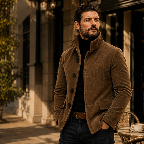 Men’s Corduroy Stand Collar Jacket with Pockets