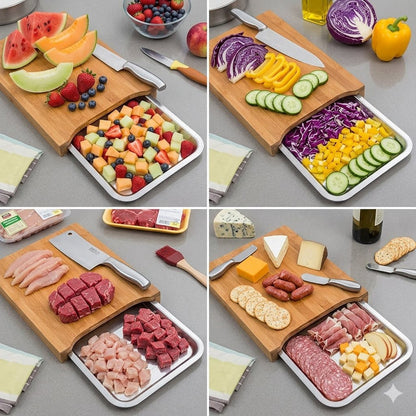 Bamboo Cutting Board with Sliding Stainless Steel Tray – Mess-Free Prep & Serving Board