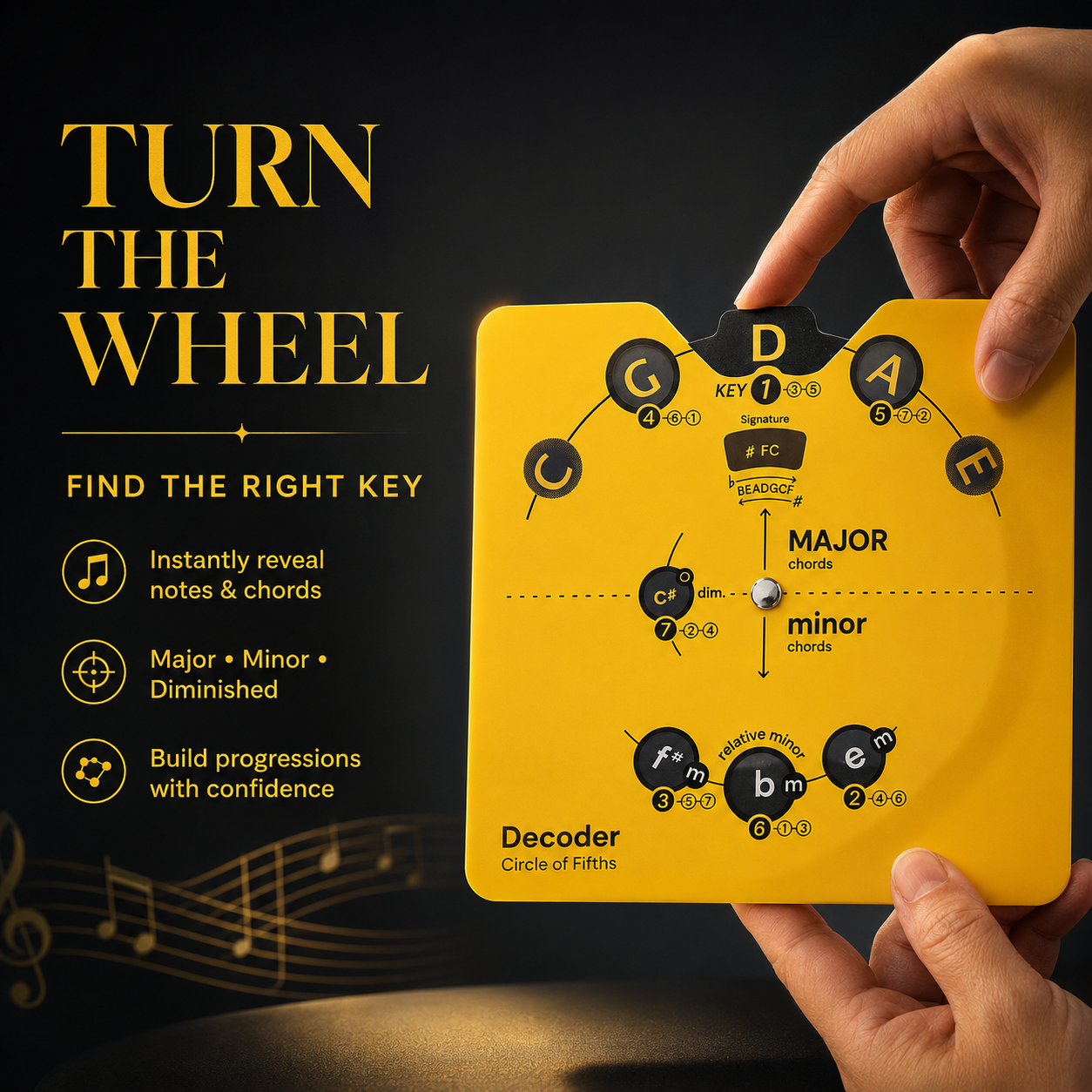 Circle of Fifths Wheel Decoder – Music Theory Tool for Beginners with Built-in Stand for Guitar, Piano & Ukulele