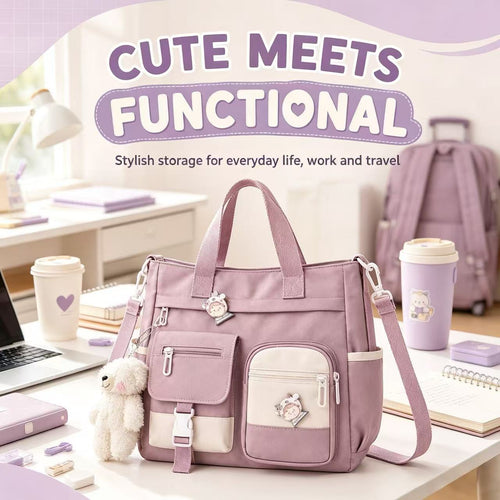 Canvas Multi-Pocket Crossbody Tote Bag | Cute & Lightweight School, Work & Travel Bag 🎒✨