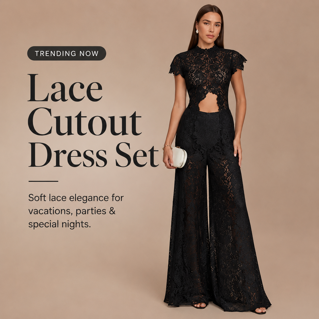 Lace Cutout Round-Neck Split Dress Set