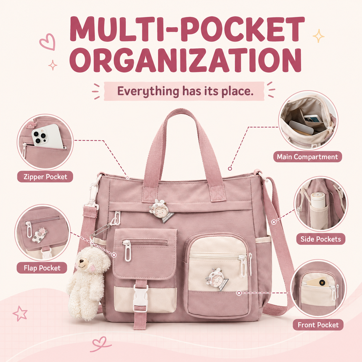 Canvas Multi-Pocket Crossbody Tote Bag | Cute & Lightweight School, Work & Travel Bag 🎒✨
