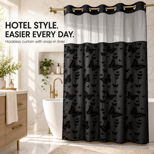 Hookless Double-Layer Shower Curtain with Snap-in Fabric Liner