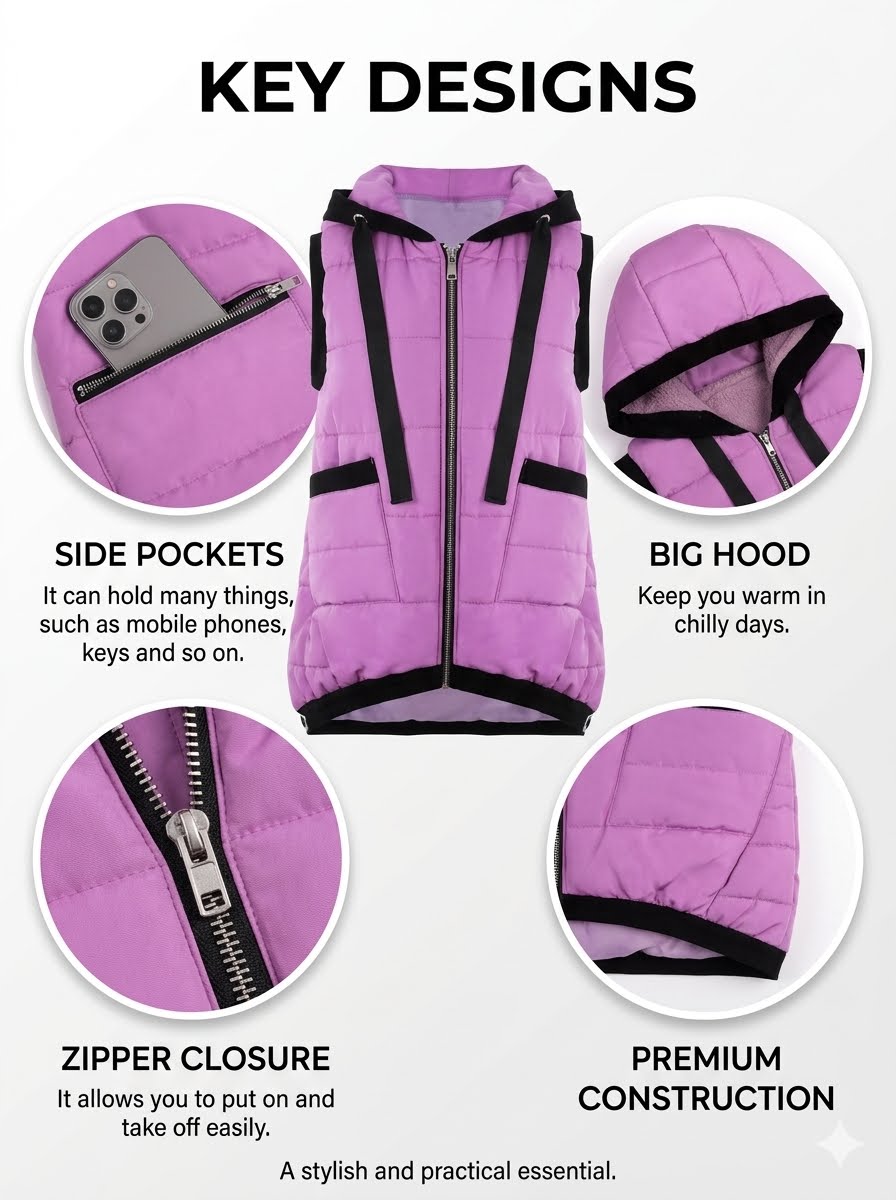 Women's Lightweight Hooded Quilted Vest with Pockets