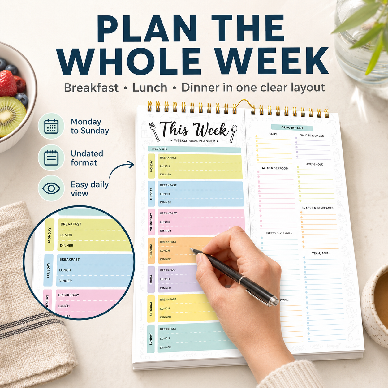 Undated Weekly Meal Planner: 52 Double-Sided Sheets, Grocery List