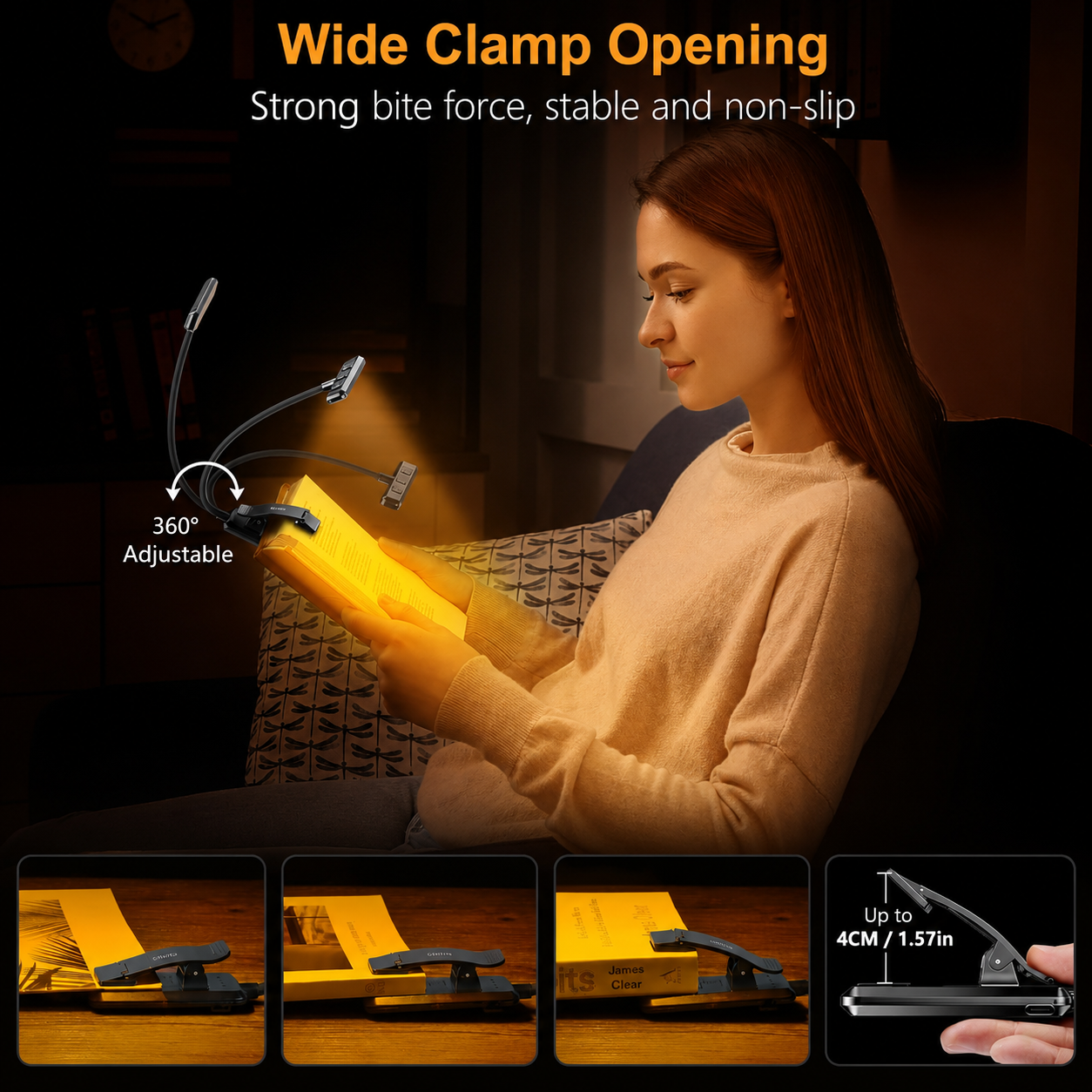 Dual-Head Rechargeable Reading Light – 15 Brightness Modes & Wide Clip