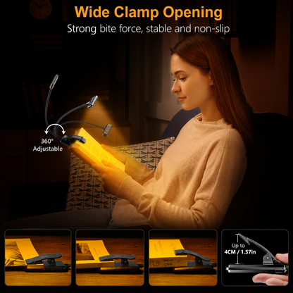 Dual-Head Rechargeable Reading Light – 15 Brightness Modes & Wide Clip