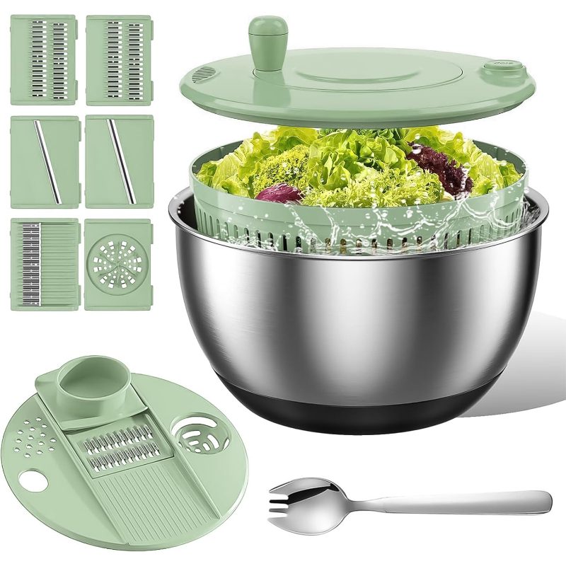 Stainless Steel Salad Spinner Large with 5 Blade Slicer Egg Yolk Strainer Shredder