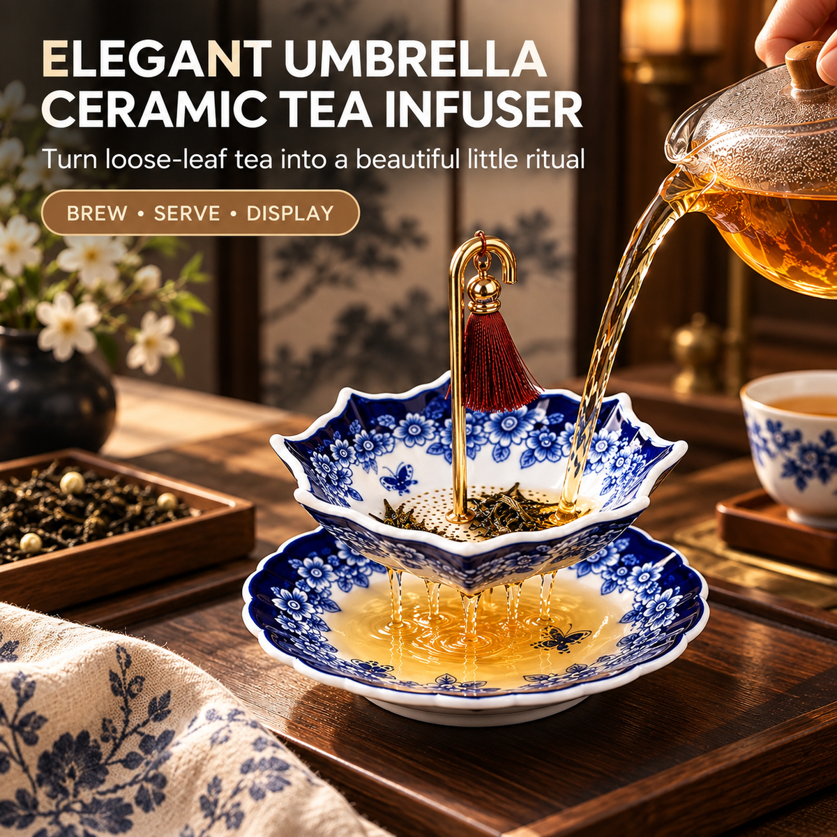 Elegant Umbrella Ceramic Tea Infuser for Refined Loose-Leaf Brewing