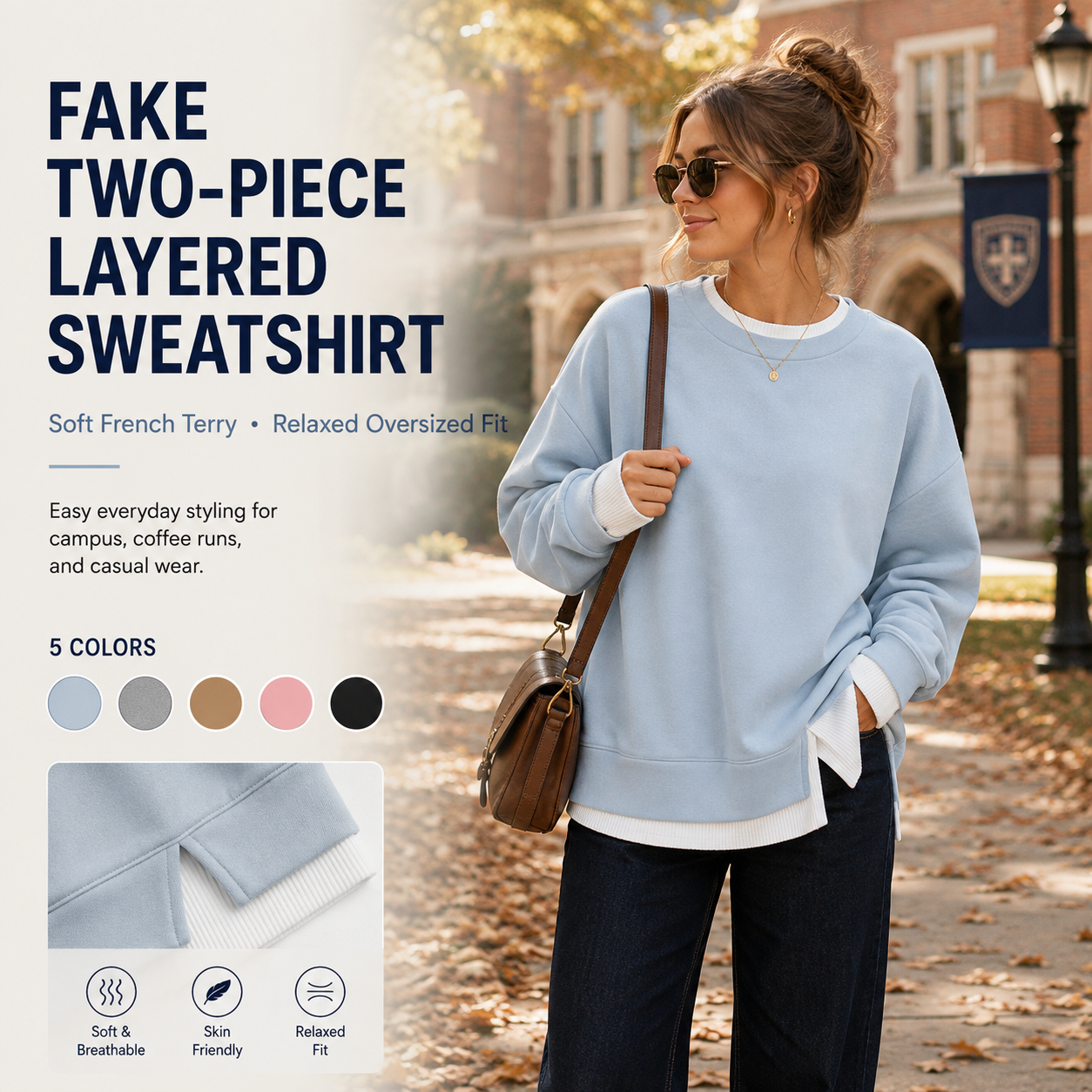 Effortless Casual Style: Women's Relaxed Layered Crewneck Sweatshirt Everyday Top