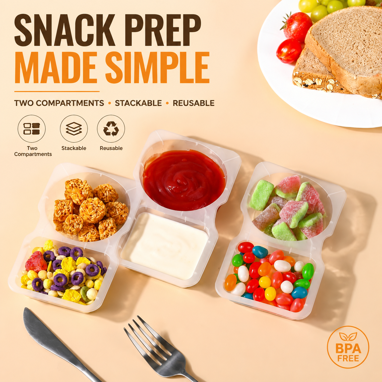 2-Compartment Reusable Snack Containers with Lids – Stackable Meal Prep Set