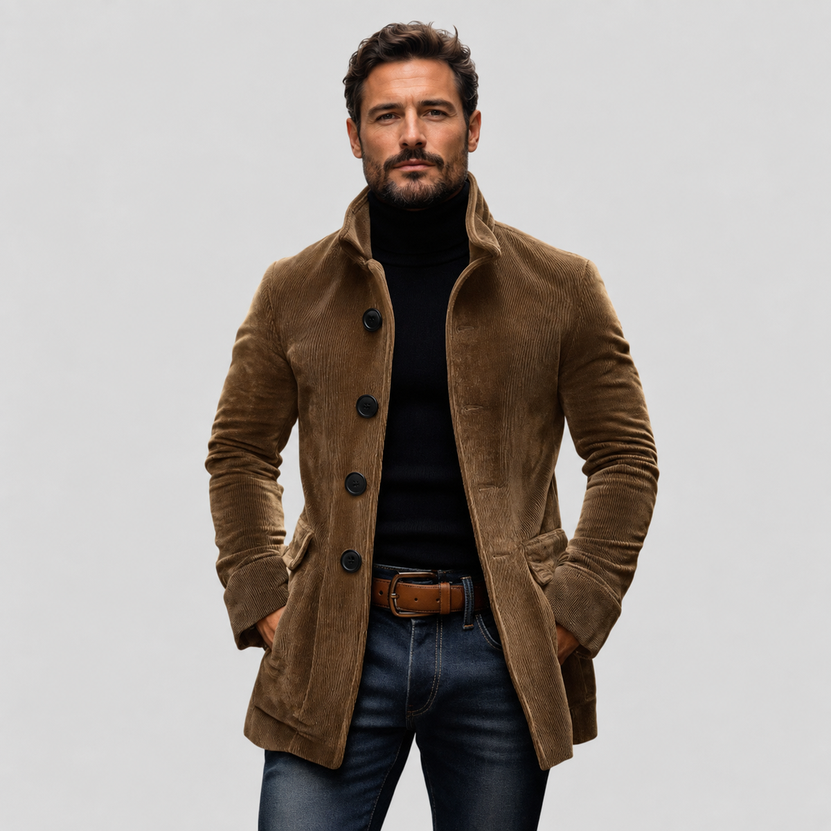 Men’s Corduroy Stand Collar Jacket with Pockets