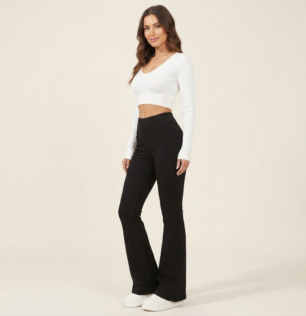 Women's Winter High-Waist Fleece-Lined Flare Pants with Pockets