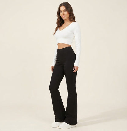 Women's Winter High-Waist Fleece-Lined Flare Pants with Pockets