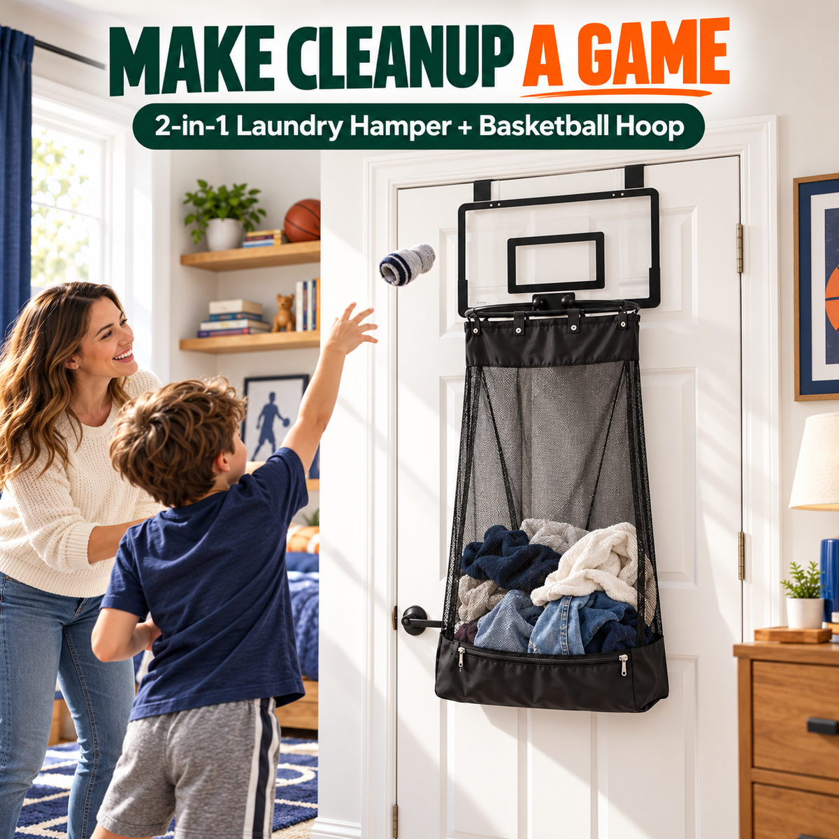 🏀2-in-1 Over-the-Door Basketball Hoop & Laundry Hamper🏀