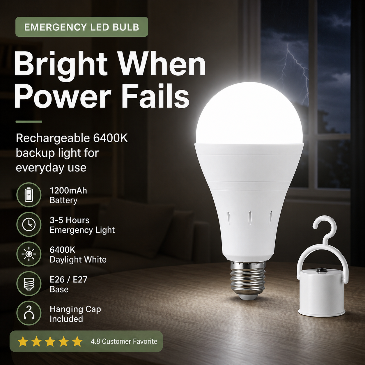 6400K Rechargeable Emergency LED Bulb