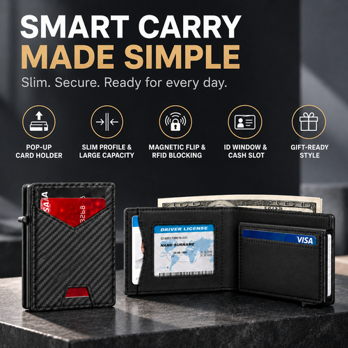 Men's Minimalist RFID Blocking Pop-Up Bifold Wallet with Magnetic Closure