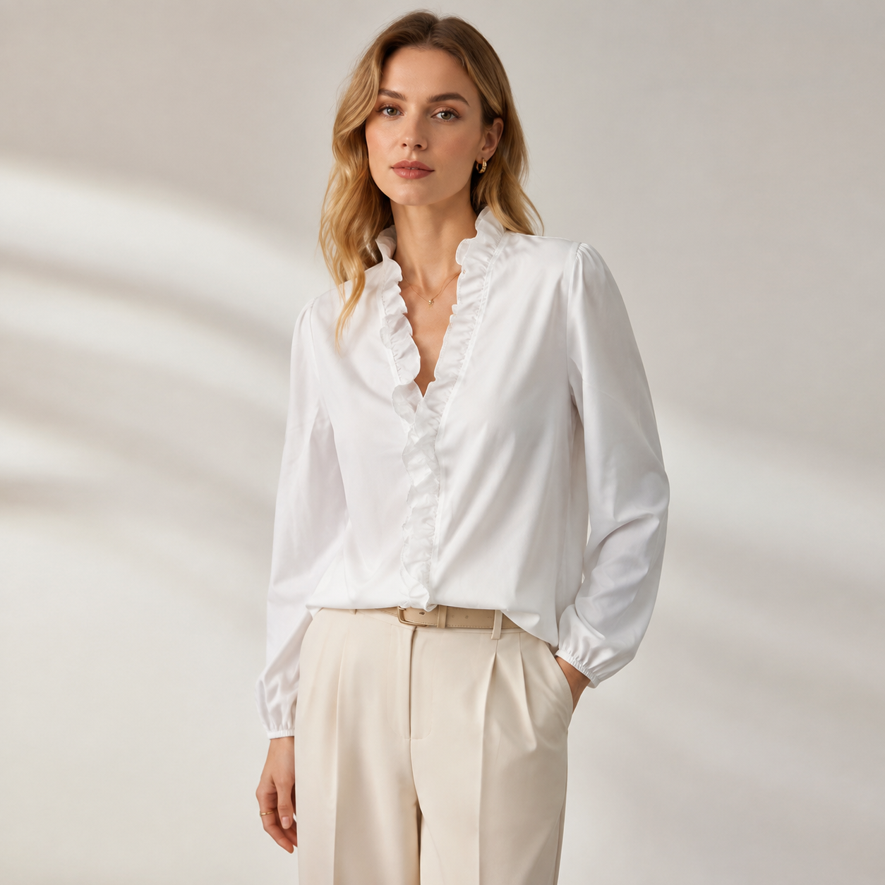 Women’s Ruffled V-Neck Puff Sleeve Blouse – Elegant Everyday Top