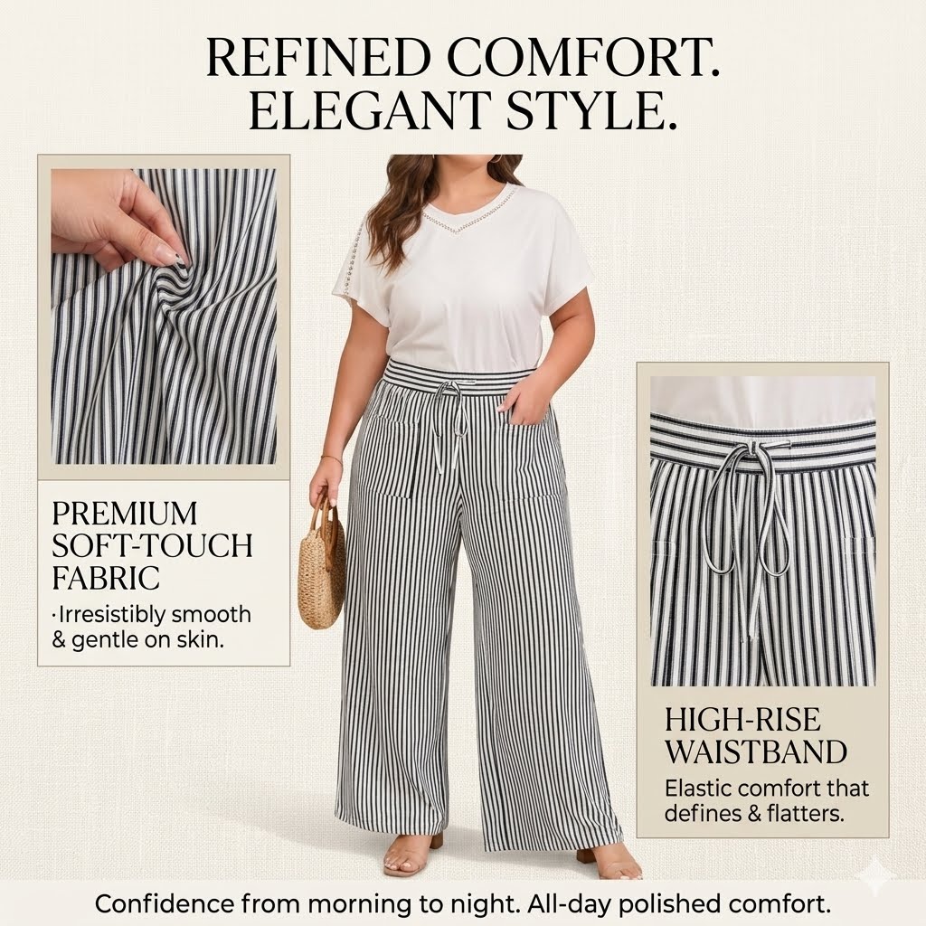 Ultra-Comfort High-Waisted Striped Wide Leg Pants with Deep Pockets