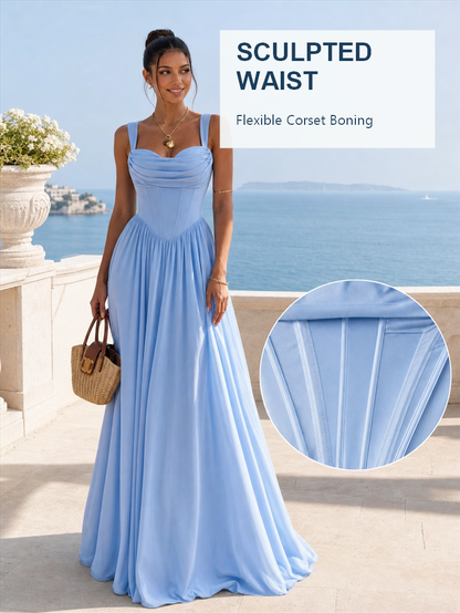 French Corset Pleated Maxi Dress - Strapless Flowy Vacation & Evening Dress