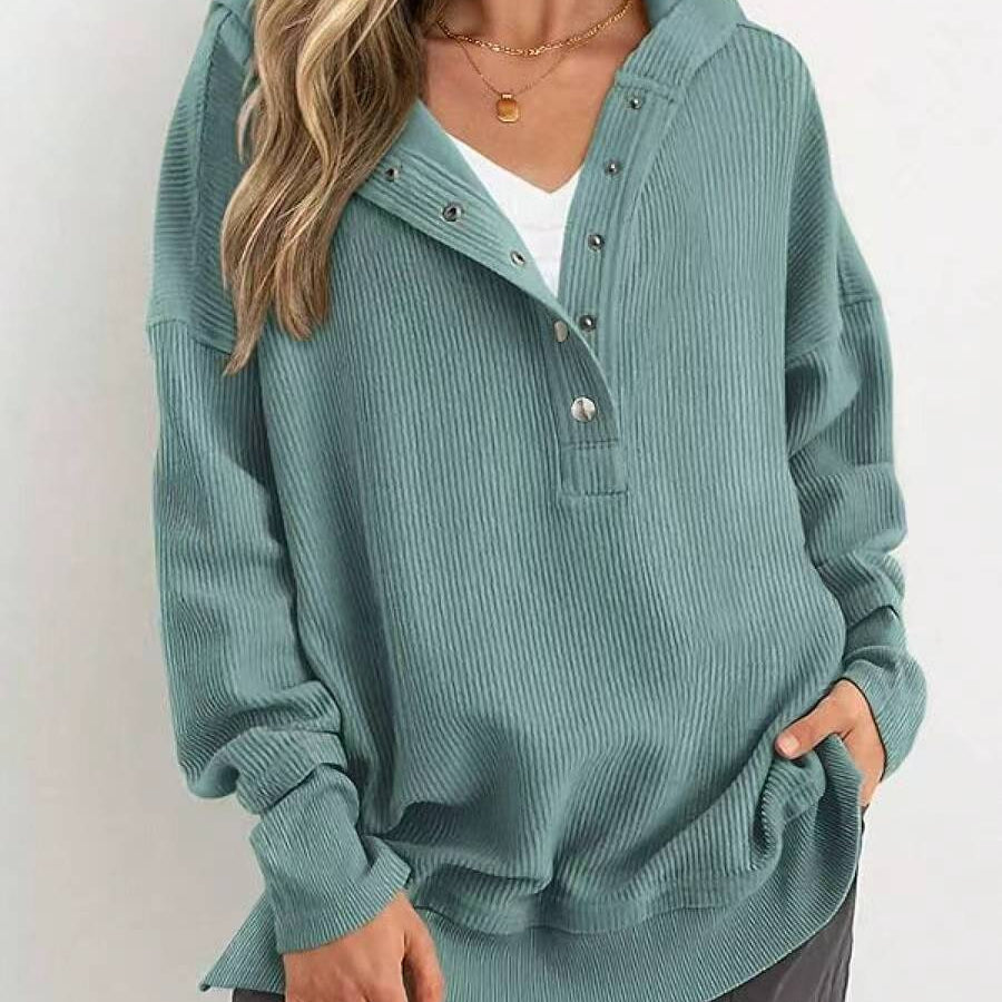 Women's V-Neck Button Lightweight Casual Hoodie