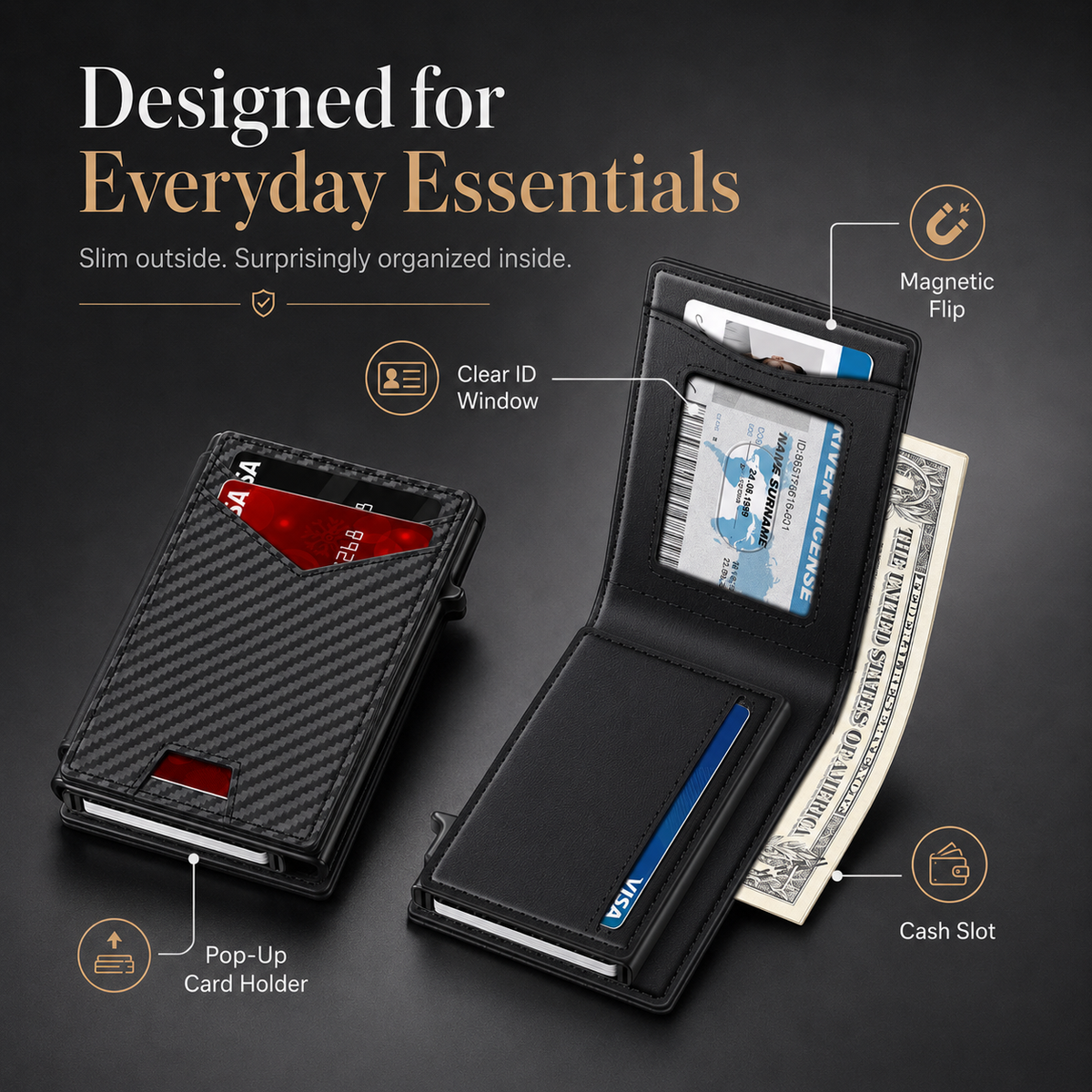 Men's Minimalist RFID Blocking Pop-Up Bifold Wallet with Magnetic Closure