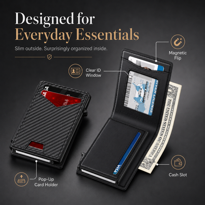 Men's Minimalist RFID Blocking Pop-Up Bifold Wallet with Magnetic Closure