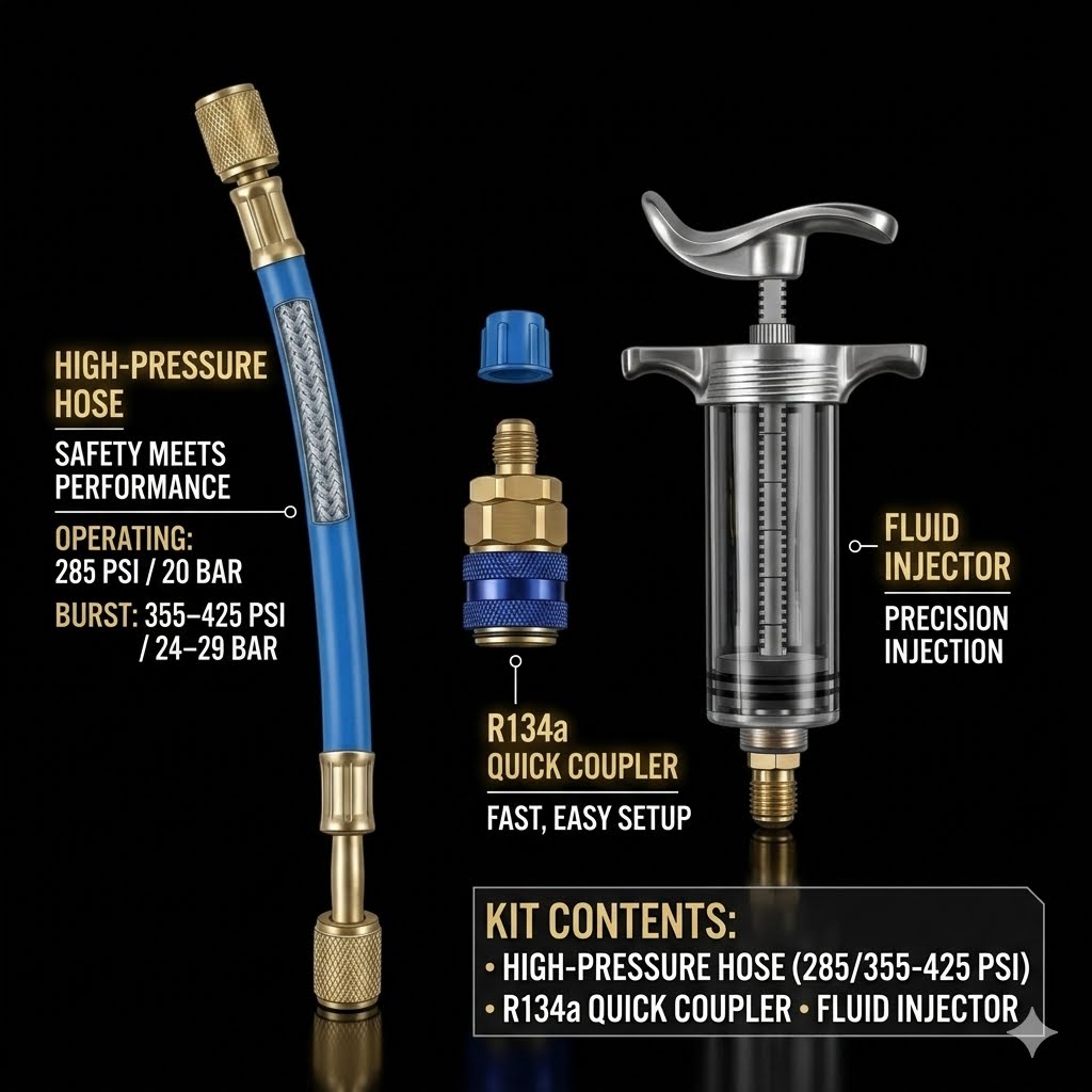 3-in-1 AC Oil & Dye Injector Kit – Heavy-Duty R134a Quick-Connect Tool