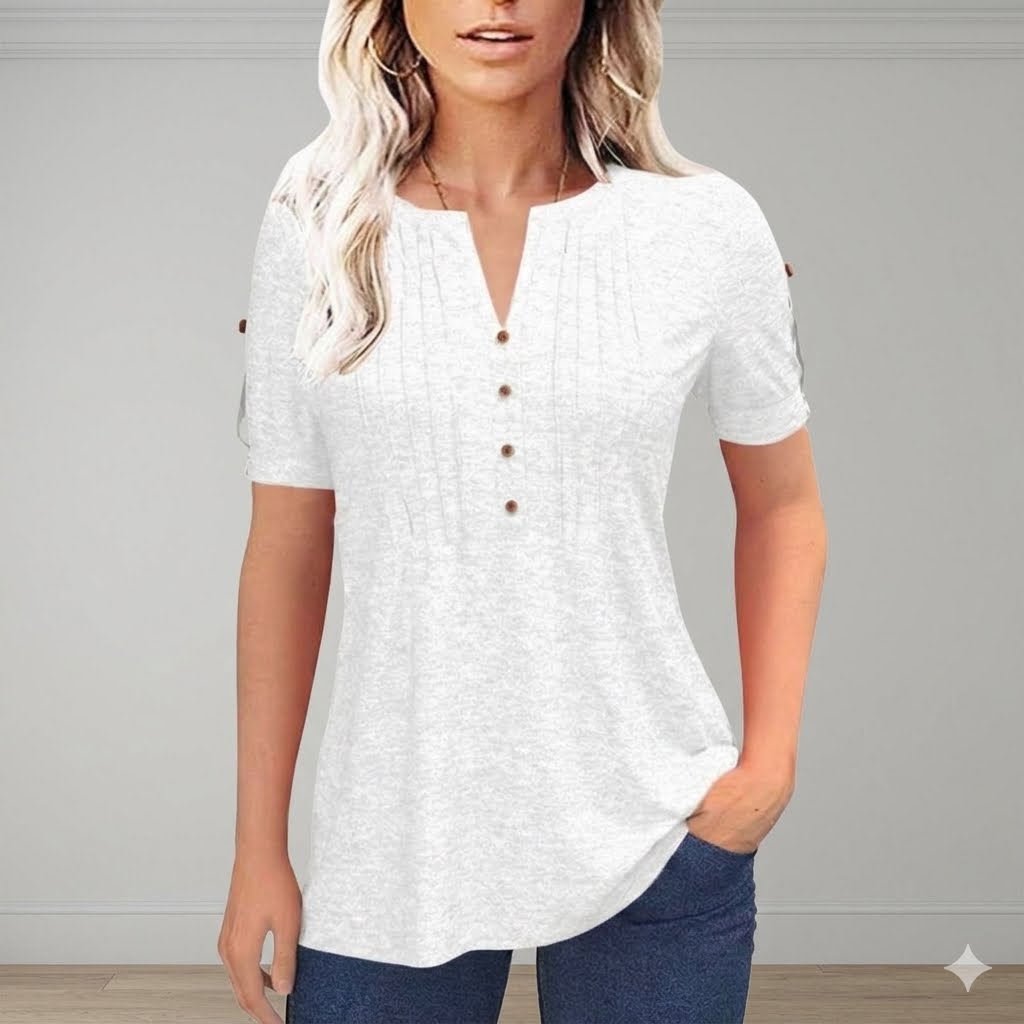 Imily Bela Women's V-Neck Button Lantern Sleeve T-Shirt